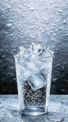 Poster - Clear glass of ice water with bubbles, refreshing cold drink on wet surface, condensation visible, invigorating and pure