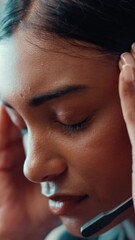 Aufkleber - Agent, woman and stress with headache in call center for difficult client, mistake or overwhelmed. Customer service, face and employee with migraine for workload fatigue, 404 error and disappointed