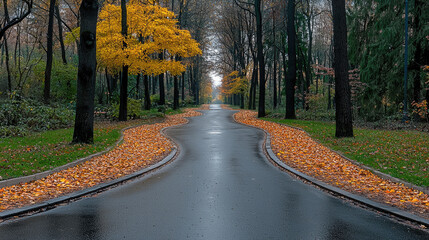 Poster - Winding road autumn yellow leaves wet pavement forest tranquil scenic peaceful