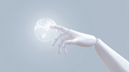 Poster - Robotic hand gently touching a glowing globe, symbolizing technology and innovation, with a soft gradient background, representing the connection between humanity and digital advancement