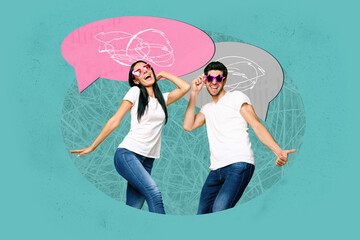 Poster - Full 3d poster art collage of happy girl guy stand bubble communication chatterbox speech scribble dialogue conversation