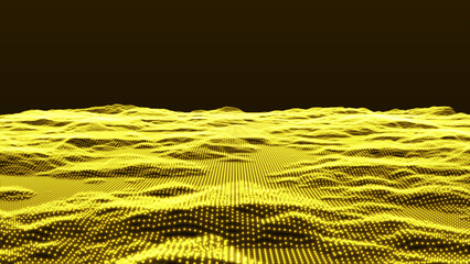Poster - Futuristic abstract digital landscape - Yellow version and Retro land. Flying over data patterns, Abstract dot and lines technology background, Loopable