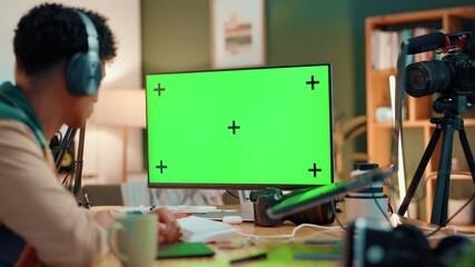 Poster - Man, influencer and computer with green screen for video editing, review and production in home. Person, streamer and typing by PC, monitor and space with content creation for social media at house