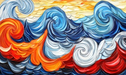 Poster - Abstract swirling ocean waves painting, vibrant colors, textured canvas, art background