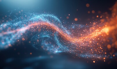 Poster - Abstract swirling particles, energy flow, dark background, technology concept, website header