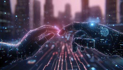 Aufkleber - Futuristic digital robotic hand city technology glowing connection cybernetic artificial