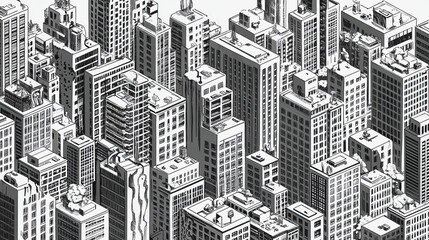 Poster - A hand-drawn isometric geometric cityscape in black and white.