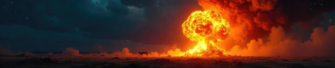 Wall Mural - a fiery orange fireball explosion with smoke and debris billowing outwards, against a dark night sky