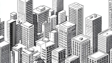 Poster - A hand-drawn isometric geometric cityscape in black and white.