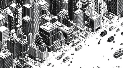Poster - A hand-drawn isometric geometric cityscape in black and white.