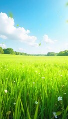 Wall Mural - A gentle breeze ruffles the tall grass in a vast, open field under a bright, sunny sky The air is fresh and clean, carrying the scent of wildflowers and earth , atmosphere, blue