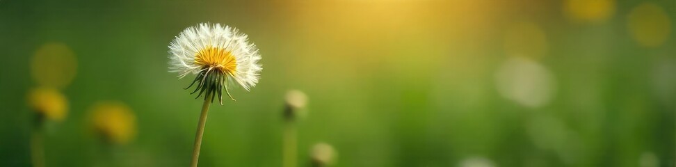 Wall Mural - A single, delicate dandelion seedhead poised against a soft, blurred background, symbolizing hope and new beginnings, fragile yet resilient , fluffy, sunlight