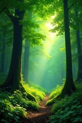 Sticker - Lush green forest canopy, dappled sunlight filtering through leaves, vibrant undergrowth Tranquil nature scene, perfect for environmental or nature-themed projects , ecosystem, trees, tranquil