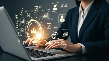 Poster - Woman in suit typing on laptop with digital business icons overlayed on the screen interface view