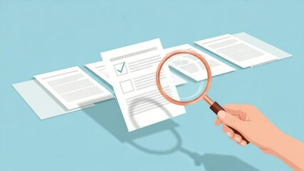 Poster - Hand holding magnifying glass over document with checkmark on blue surface top view style