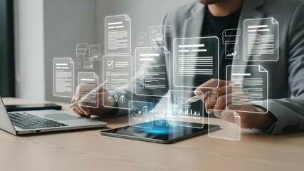 Poster - Person using tablet and laptop with digital document icons for business management and automation tools