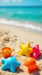 Wall Mural - A cheerful summer scene featuring vibrant beach toys scattered on a sun-drenched sandy beach, capturing the carefree spirit of childhood summer fun , vacation, relaxation, green
