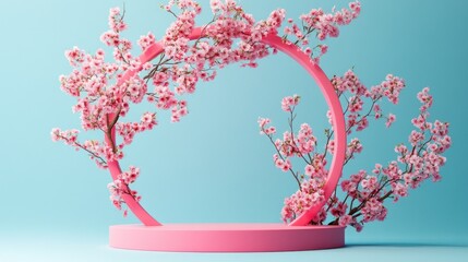 Aufkleber - A vibrant arrangement of pink cherry blossoms surrounds a circular structure, set against a light blue background. The colorful blossoms create a fresh and lively atmosphere