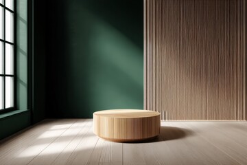 Poster - A round wooden table sits in a minimal, sunlit room with green walls and vertical slatted wood accents, Minimalist home decor with slat.