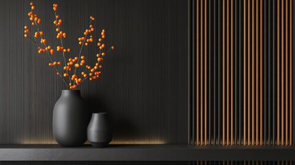 Poster - Minimalist dark vases with orange berries on a modern textured black shelf and illuminated wall accent, Minimalist home decor with slat.