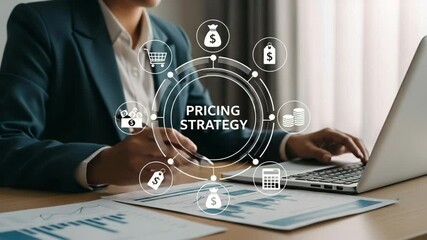 Aufkleber - Businesswoman analyzing pricing strategy data with laptop and financial icons overlayed on documents