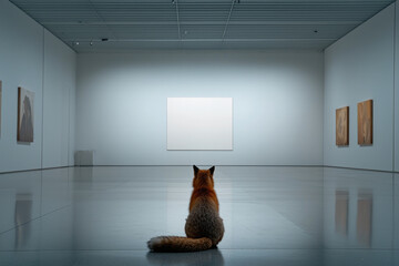Aufkleber - Fox sits alone in modern art gallery, gazing at blank canvas, evoking curiosity and contemplation