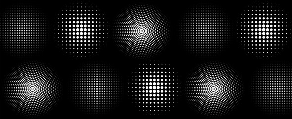 Poster - Set of black halftone dots backgrounds. vector modern dots halftone,Pop art comic style gradient circle halftone set Vector isolated on white background dots pattern.