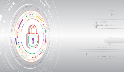 Leinwandbilder - Modern digital lock on round multicolored light gray background. Cybersecurity, digital data protection and technical progress concept.