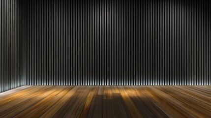 Poster - A modern, empty room with a wooden floor and vertical black metal wall panels illuminated by soft lighting, Minimalist home decor with slat.