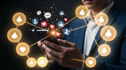 Poster - Man in suit using phone with social media icons floating above on a dark background for marketing use