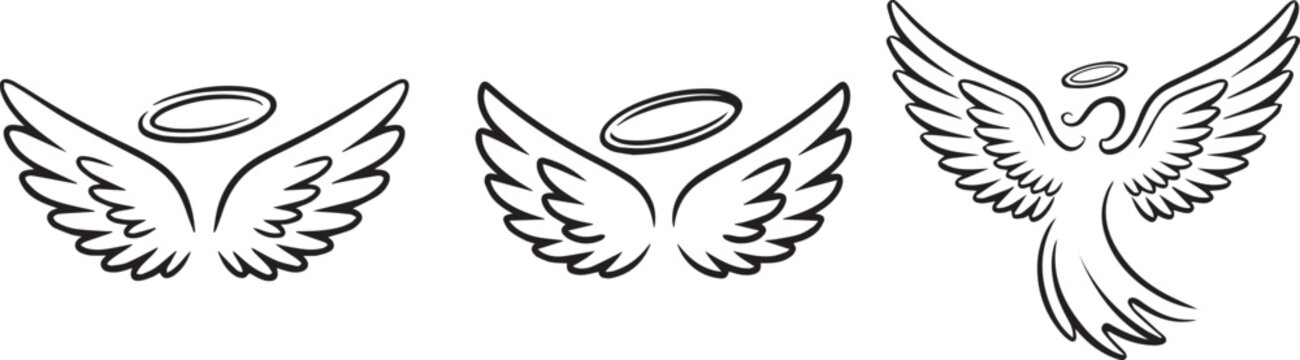 Three stylized angel wing designs with halo