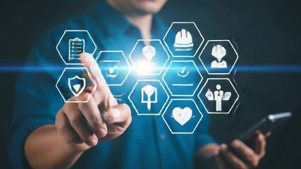 Poster - Man touching digital icons with phone in hand representing business and safety compliance checks