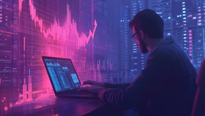 Focused worker analyzes financial data on laptop