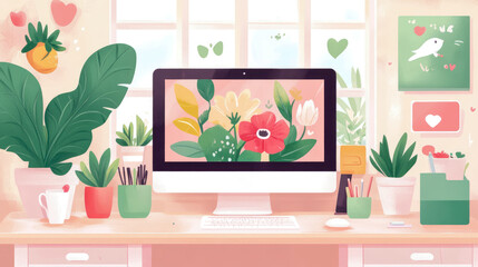 Poster - Concept: Cozy workspace with floral screen