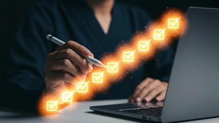 Poster - Person using stylus on laptop with glowing checklist icons for task management and productivity