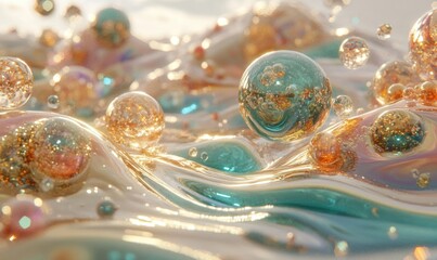 Aufkleber - Shimmering liquid spheres dance on a wavy surface, illuminated by soft sunlight; perfect for beauty or luxury product backgrounds