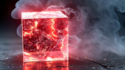 Poster - A glowing red crystalline orb emits smoke from within a clear resin cube, creating a mystical and futuristic art piece