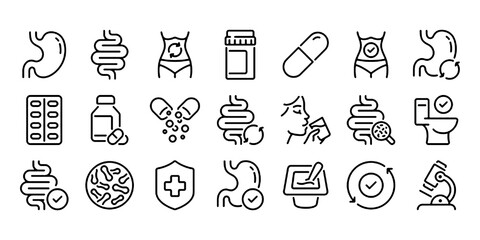 digestion, intestine, stomach, and probiotics editable stroke outline icons set isolated on white ba