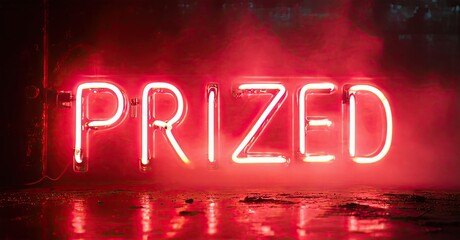 Poster - Bright red neon sign spells PRIZED. Dark background creates strong contrast, reflective surface below. Dramatic lighting, simple composition.