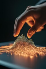 Poster - Human hand touches bright golden glowing particle wave on dark background. Fingers sense the flow of data. Concept for technology and innovation.
