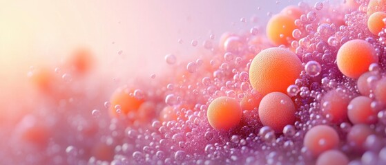 Poster - Floating orange spheres with tiny clear bubbles on a pink and purple soft gradient background. Abstract cellular matter with bright glow and diffuse light.