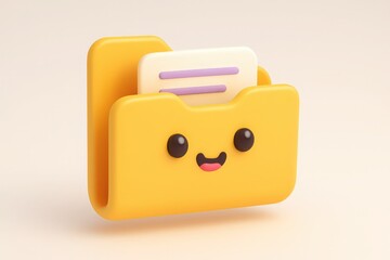 Fototapete - Adorable 3d cartoon yellow file folder with smiling face and documents representing file management