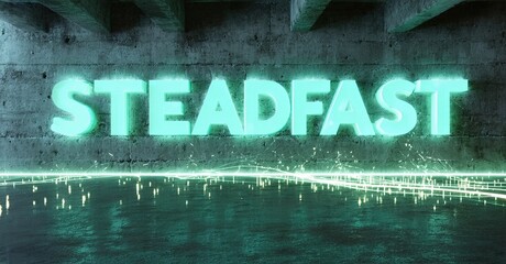 Leinwandbilder - Concrete tunnel displays glowing STEADFAST text. Digital lines emanate from floor, creating futuristic effect. Dark background emphasizes bright illumination.