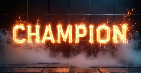 Poster - Bright word champion glows with sparks, smoke fills tiled floor. Dramatic lighting creates intense visual impact.
