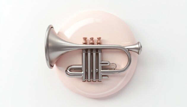 Modern minimalistic trumpet on a soft pink circular platform, studio shot