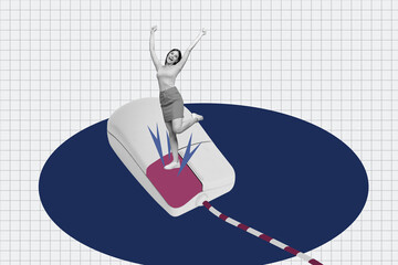 Aufkleber - Poster pop collage of person stand win big computer mouse on blue color background
