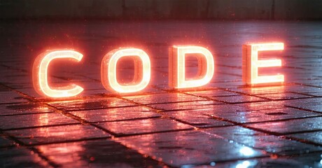 Poster - Bright neon letters spell CODE on wet pavement. Red glow illuminates surrounding tiles, creating dramatic effect. Dark background enhances contrast.