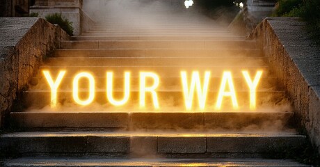 Poster - Bright illuminated steps display YOUR WAY. Stone architecture creates dramatic lighting, inspiring motivation, hope, future possibilities.