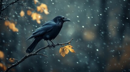 Poster - A raven sits on a slender branch, watching the serene snowfall. Autumn leaves linger in the snow-covered landscape, creating a peaceful yet dramatic atmosphere in the forest