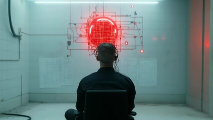 Poster - Male connected to futuristic neural network in high-tech room with glowing red interface